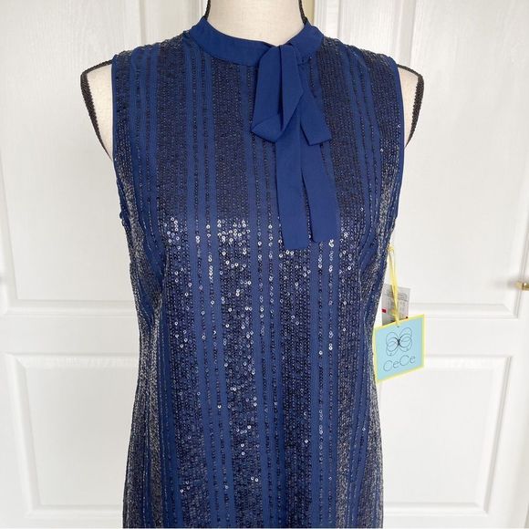 CeCe Size XS Navy & Black Sequin Layered Bow Tie Neck Sleeveless Cocktail Dress - Picture 7 of 15